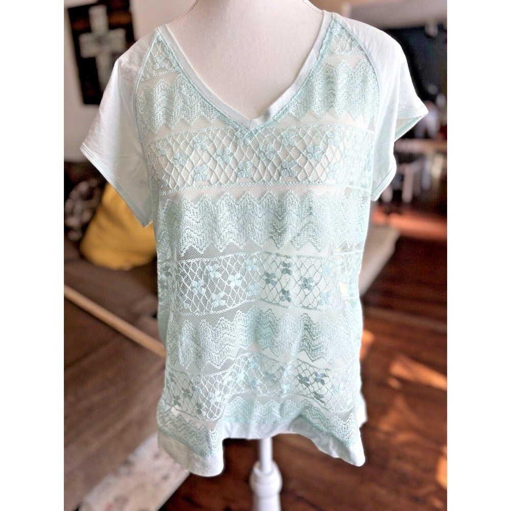 Chico's Women's‎ Shirt Top Size 1 Medium Sheer Lace Overlay Light Aqua